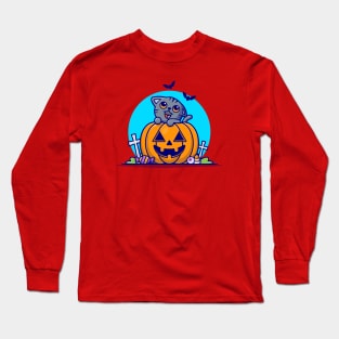 Cute Grey Cat With Pumpkin Halloween Cartoon Vector Icon Illustration Long Sleeve T-Shirt